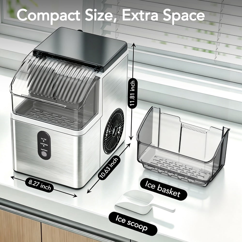 CRZOE 15KG/24H Countertop Ice Maker, Extruded Ice Machine with 1.1L Water Tank & 0.6kg Ice Storage, LED Control, Auto Cleaning, Fingerprint-Resistant 430 Stainless Steel Body for Home/Kitchen/Bar