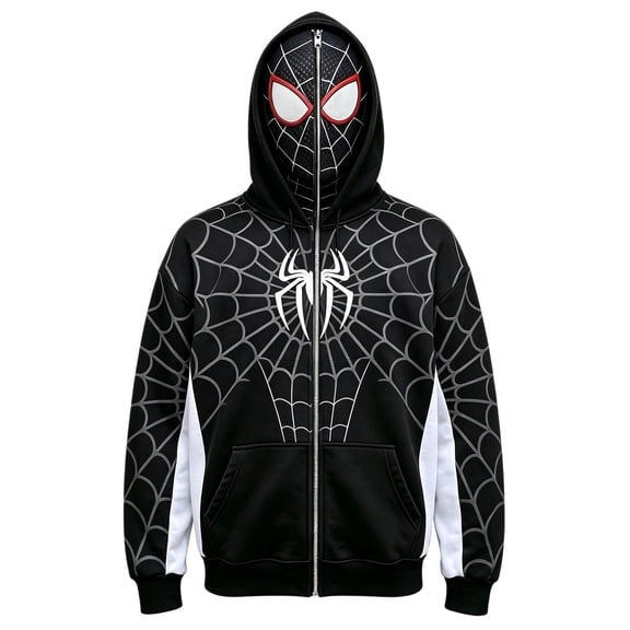 Superhero Cosplay Full Zip Mask Hoodie Spider Web Printed Hooded Sweatshirt Unisex Halloween Costume Outerwear Jacket for Kids and Teens