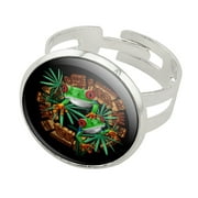 Tree Frog Aztec Temple Silver Plated Adjustable Novelty Ring