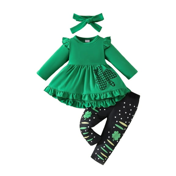 Staki Baby Girl St. Patricks Day Outfits Toddler Lucky Charm Clover Print Tops Ruffle Cuff Striped Pants Set Girl St Patrick's Day Shirt 9M,12-24M,2-3T(Green,2-3 Years)
