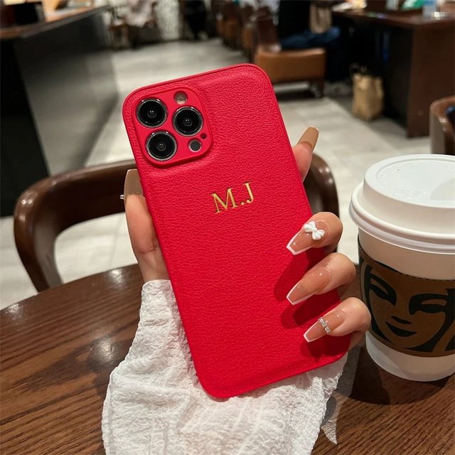 Personalized Customized Initials Name Letters Leather Case For iPhone 16 15 14 13 12 11 Pro Max 16 Plus Luxury Shockproof Cover Red for iphone14 (6.1")