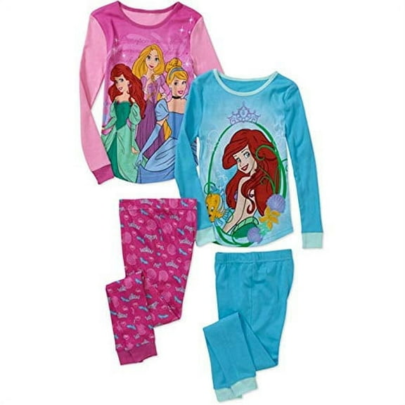 Disney Princess Rapunzel Ariel Girl 4 PC Long Sleeve Tight Fit Cotton Pajama Set Size 8
