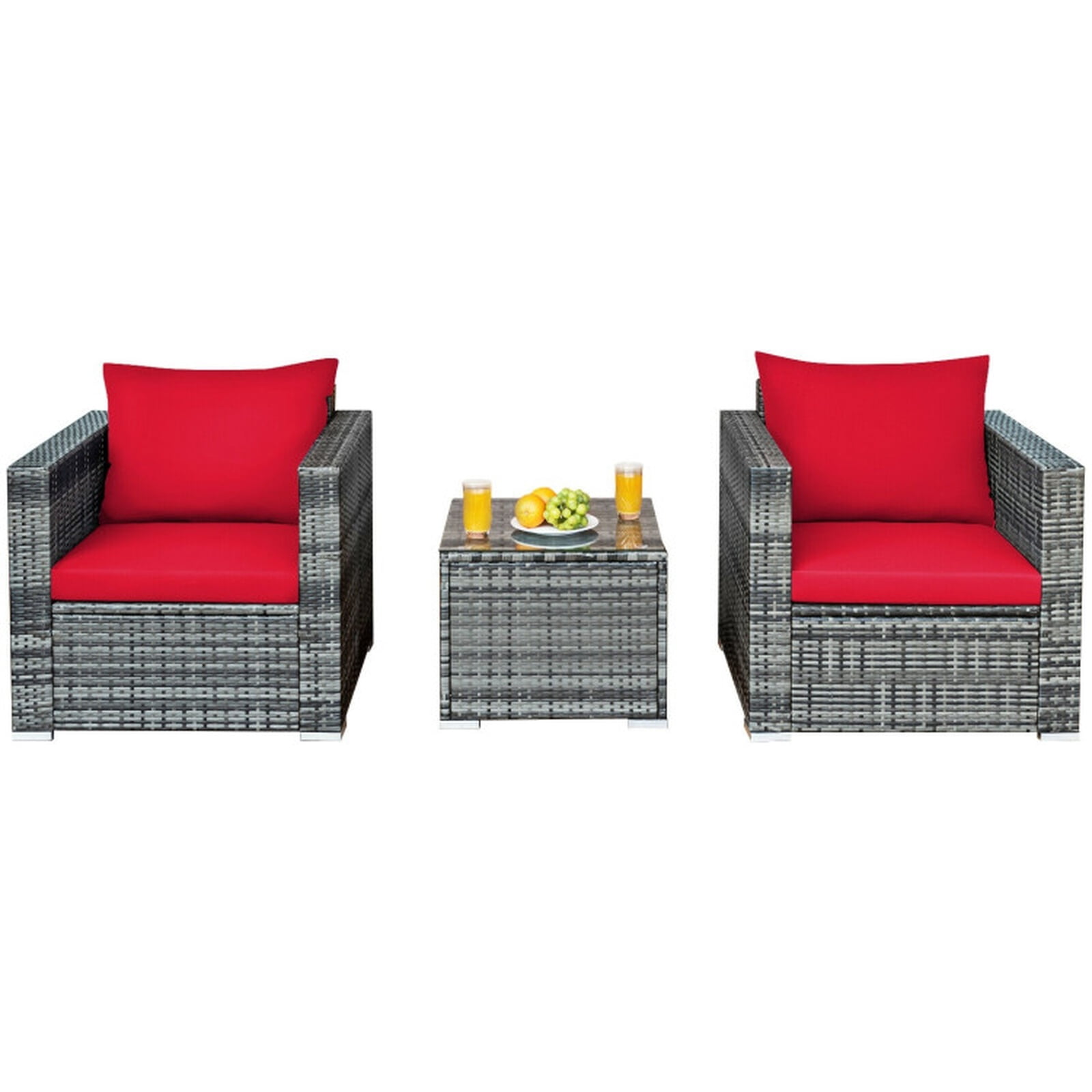 Biotree Patio Furniture Set 3 Pcs Rattan Outdoor Bistro Conversation Set with Cushioned Sofas and Coffee Table for Garden Backyard Porch, Red