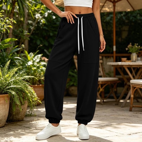 Mifsaly Joggers Pants for Women High Waisted Jogger Sweatpants Drawstring Elastic Waist Casual Daily Bottoms with Pockets Black,L