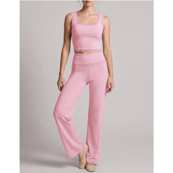 PISONIC Women Lace Trim 2 Piece Yoga Outfit, Square Neck Padded Tank Top & High Waist Straight Wide Leg Pants, Elegant Ballet Dance Training Activewear Set