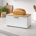 thumbnail image 3 of HausRoland Metal Bread Box 14x9.25x8.3" (35.5x23.5x21 cm) Countertop Bread Bin Bread Storage Container for Bakery Storage Bin Food Keeper Pastry Box with Opening Wooden Top, White, 3 of 7