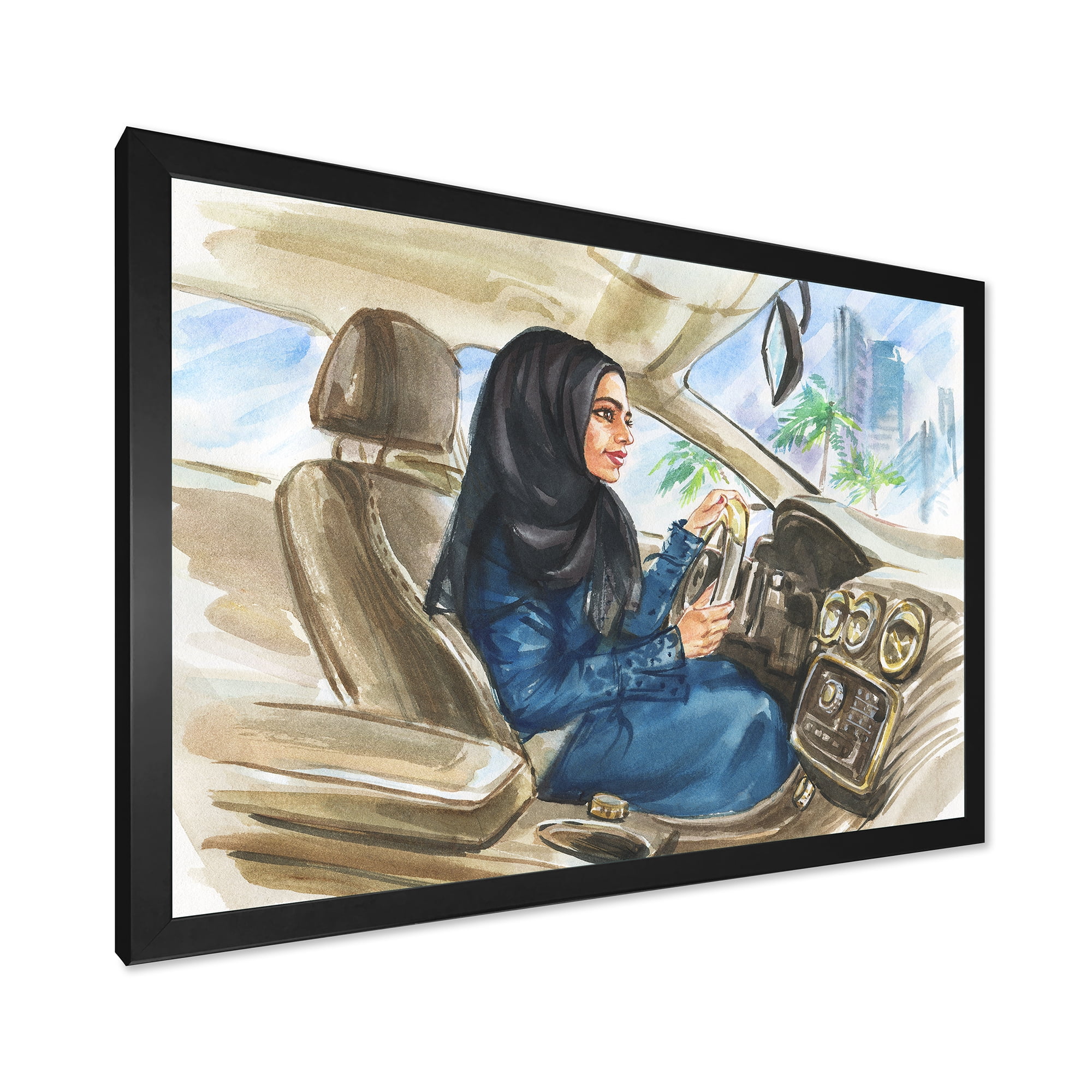 Designart 'Arabian Lady Driving A Car I' Modern Framed Art Print