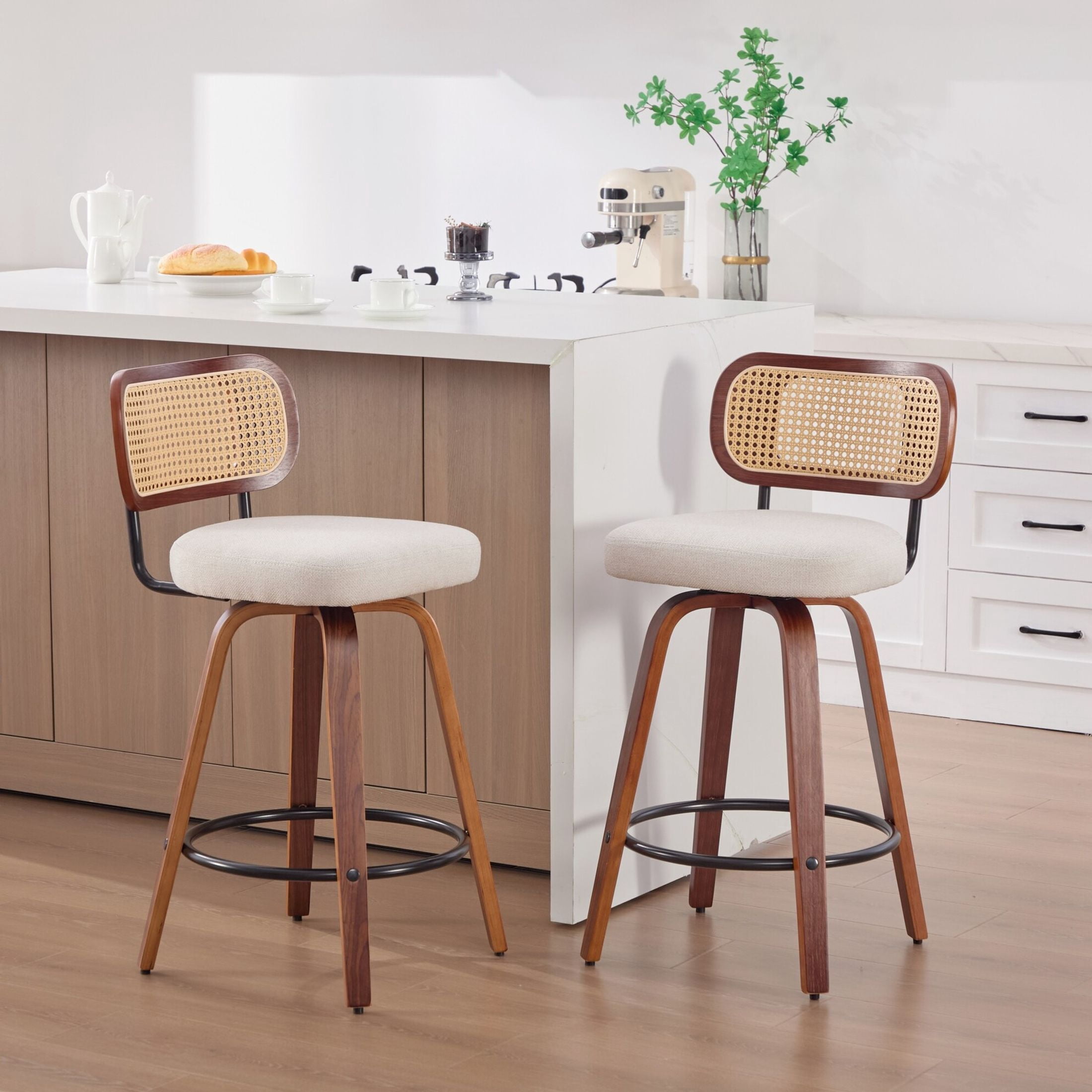 Noble House Set of 2 Counter Height Bar Stools, Cane Back, Linen Upholstered Seat, Walnut + Beige