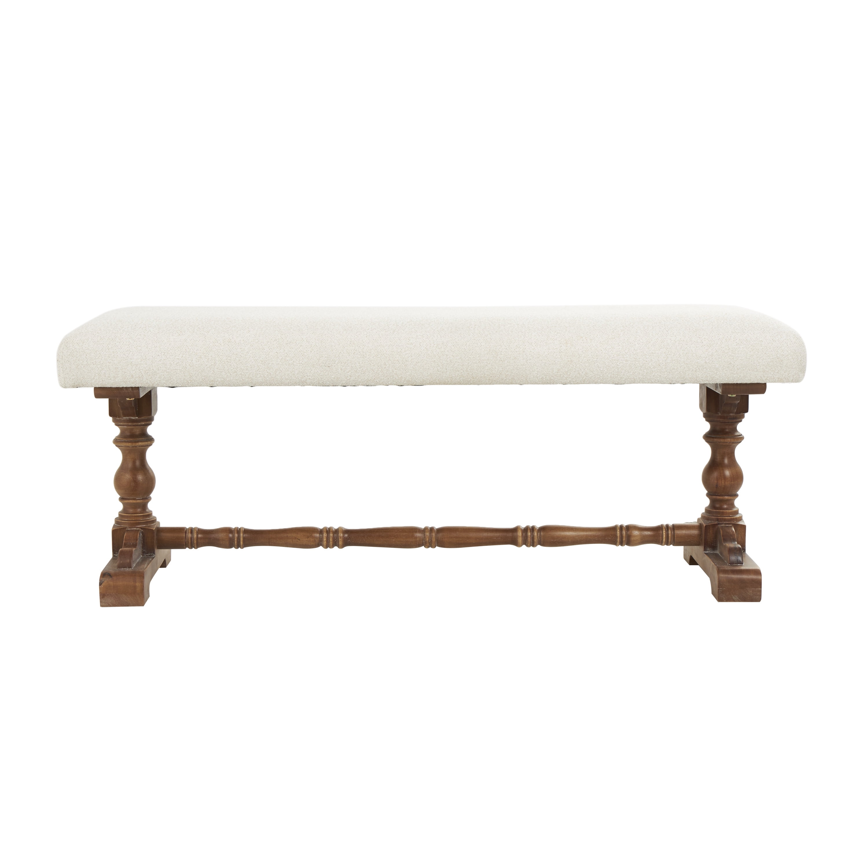 DecMode Fabric Bench with Brown Turned Legs, Cream