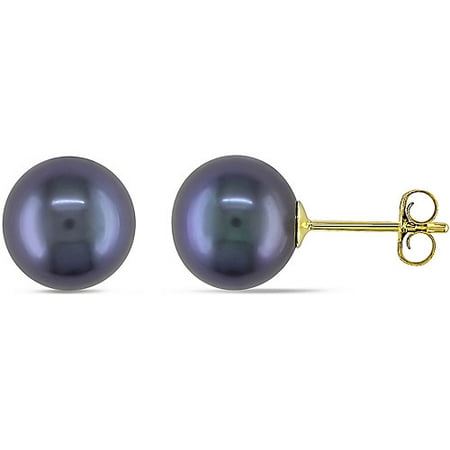 8-8.5mm Black Round Cultured Freshwater Pearl 14kt Yellow Gold Stud Earrings