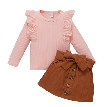 

Toddler Outfit Girls Clothes Gift Set Toddler Kids Baby Girls Ruffled Crewneck Long Sleeve Ribbed Sweatshirt Tops Solid Skirt Set 2PCS Fall Clothes Set Organic Baby Girl