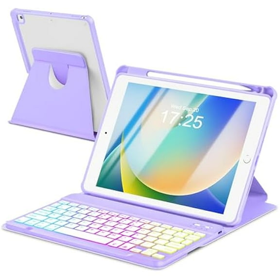 wonima88 Case with Keyboard for iPad 9th 8th 7th Generation 10.2 inch,7 Rainbow Backlit Detachable Wireless Keyboard Rotatable Magnetic Cover with Pencil Holder for iPad Air 3rd Gen/Pro 10.5 Purple