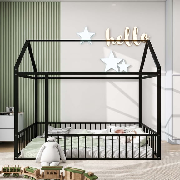 DEALTOPS Full Size Metal House Bed with Fence, Montessori Floor Bed Frame for Kids, Black