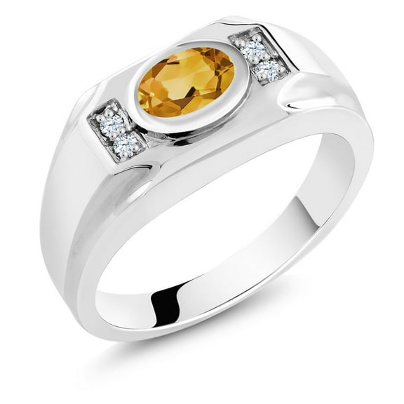 Gem Stone King Men's 925 Sterling Silver Yellow Citrine and White Created Sapphire Ring (1.41 Cttw, Gemstone November Birthstone, Oval 8X6MM,, Size 10)