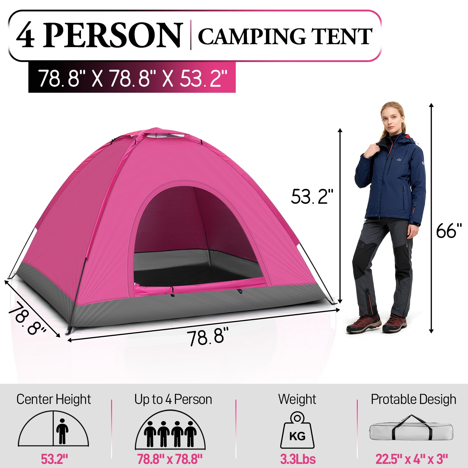 UBesGoo 3-4 Person Outdoor Camping Waterproof Tent Fast Family Dome, Shocking Pink