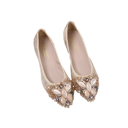 

Tenmix Ladies Dress Shoe Rhinestones Flats Slip On Flat Shoes Comfort Women s Casual Lightweight Gold 7.5