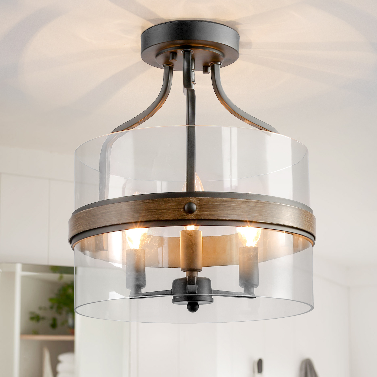 LNC Faux-Wood Ring Ceiling Light Clear Glass Shade, 3 Lights Ceiling Lighting Fixtures for Dining Room
