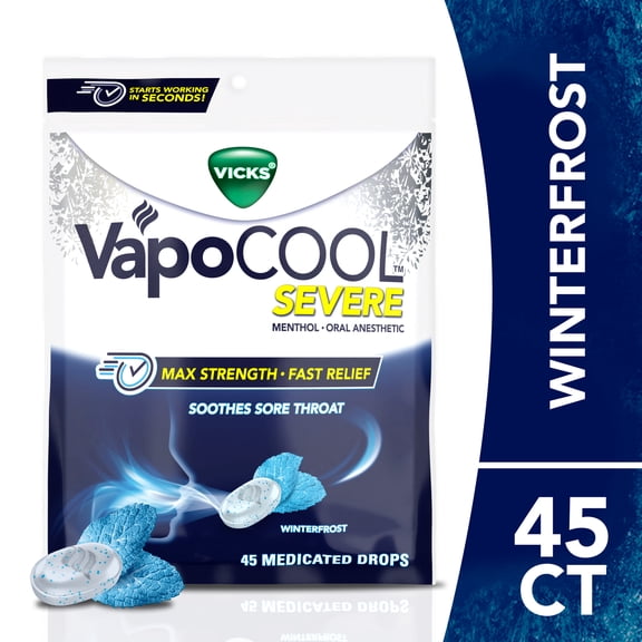 Vicks VapoCOOL SEVERE Medicated Sore Throat Drops, Menthol, Winterfrost Flavor, 45 count