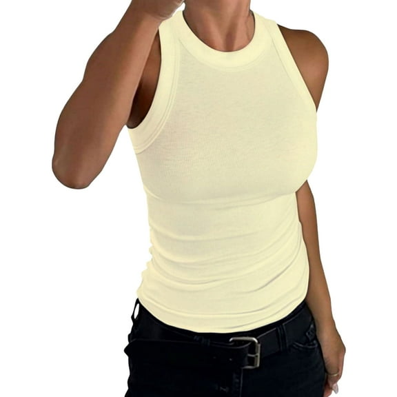 Women's Crewneck Racerback Ribbed Tank Tops Summer Basic High Neck Sleeveless Slim Fit Crop Tops