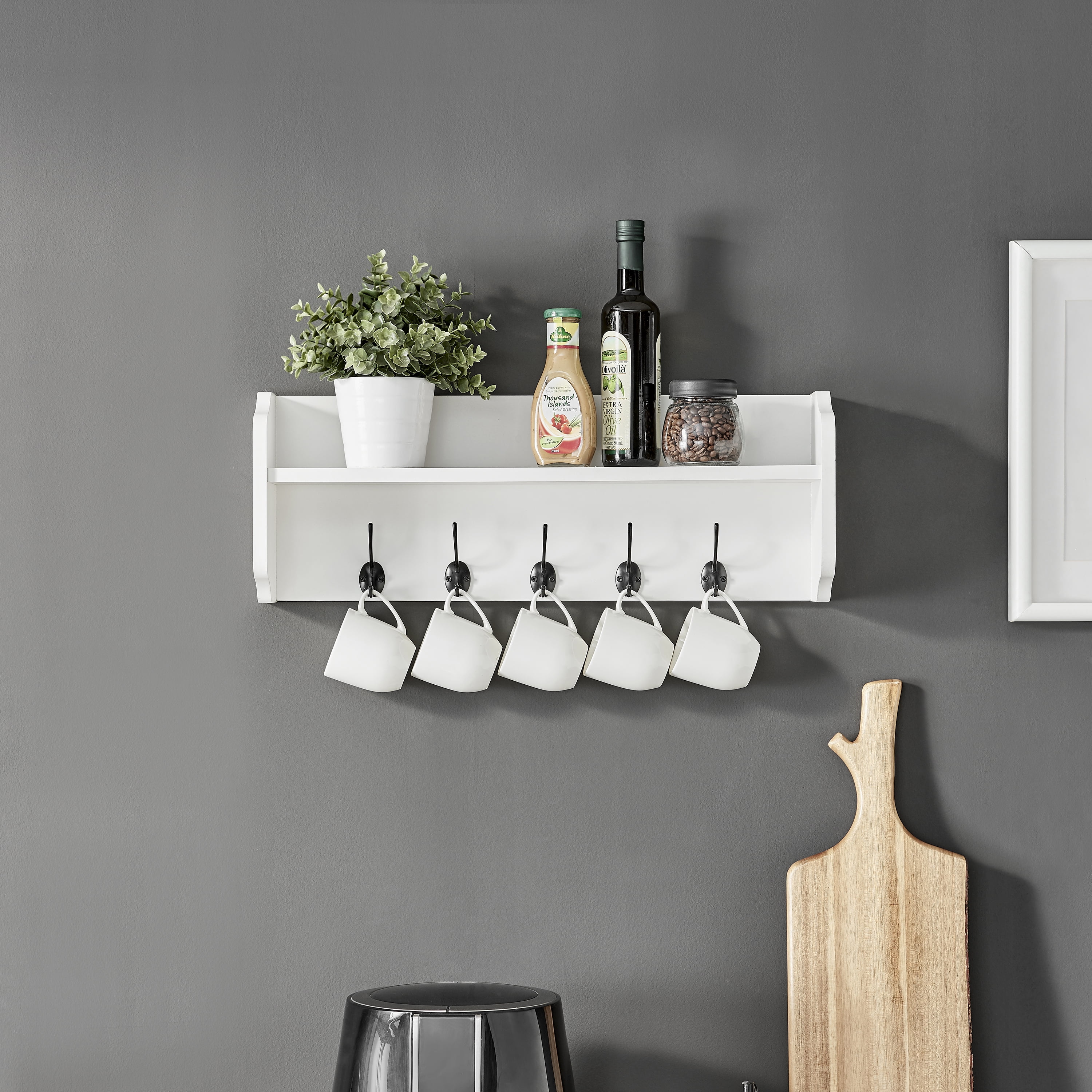 Entryway Floating Utility Wall Shelf with Hooks – Wall Mounted - White