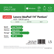 Lenovo IdeaPad 1 14.0 Laptop, Intel Pentium Silver N5030 Quad-Core Processor, 4GB Memory, 128GB Solid State Drive, Windows 10S - Ice Blue - 81VU000JUS