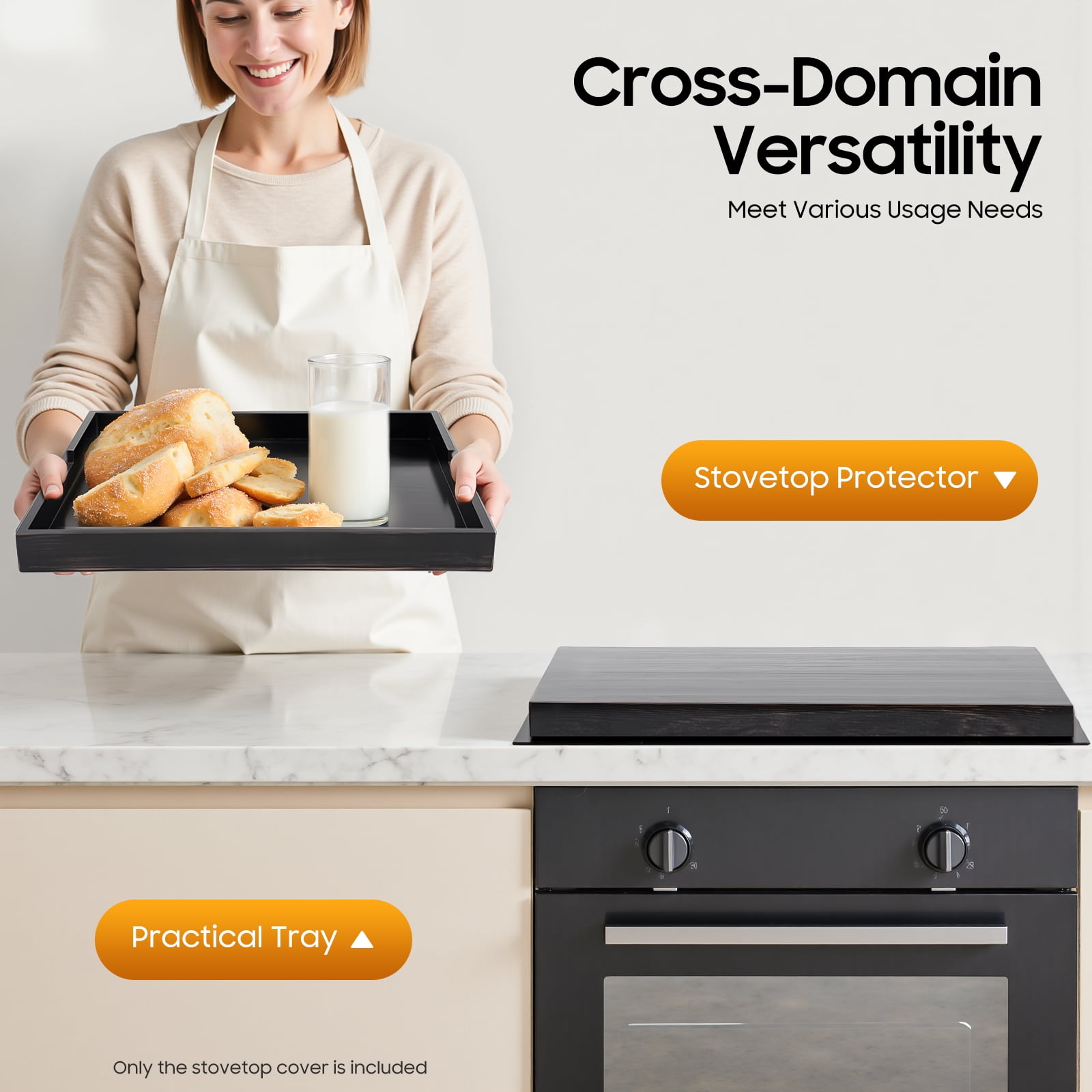 Peakora Wood Stove Top Cover Multifunctional Noodle Board Stove Covers with Built-In Handles Durable Extra Thick Pine Wood Handmade Cookware 29.5*22*2.5in Ebony Color