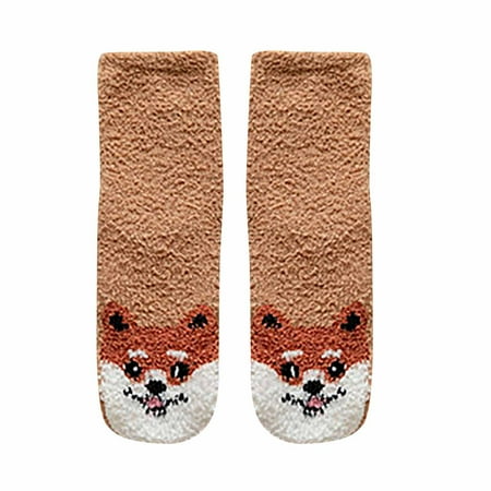 

Frehsky warm socks for women Adult Animal Print Lovely Puppy Plush Middle Tude Socks Home Stockings Khaki