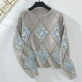 thumbnail image 7 of QSAWXQZ Women's Argyle Knit Sweater Sequin Hollow Out Crew Neck Long Sleeve Solid Pullover Top Gray L, 7 of 7