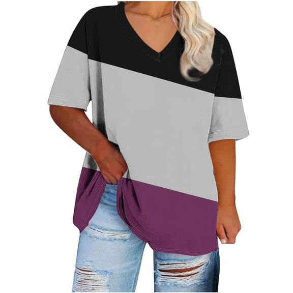 Zpanxa Womens Summer Tops, Women's Oversize V-neck Short Sleeve Solid Base Shirt Sports T-shirt Black XXXXL