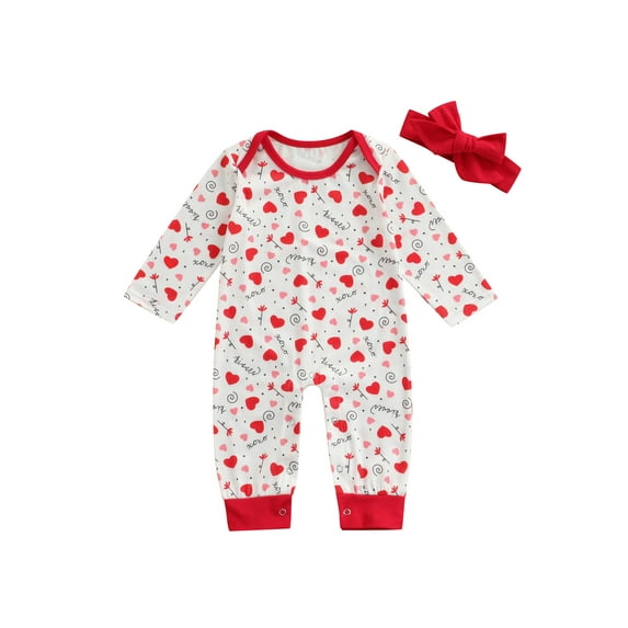 Qmyliery Baby Romper Headband Valentine's Day Love Long Sleeve Jumpsuit Gift