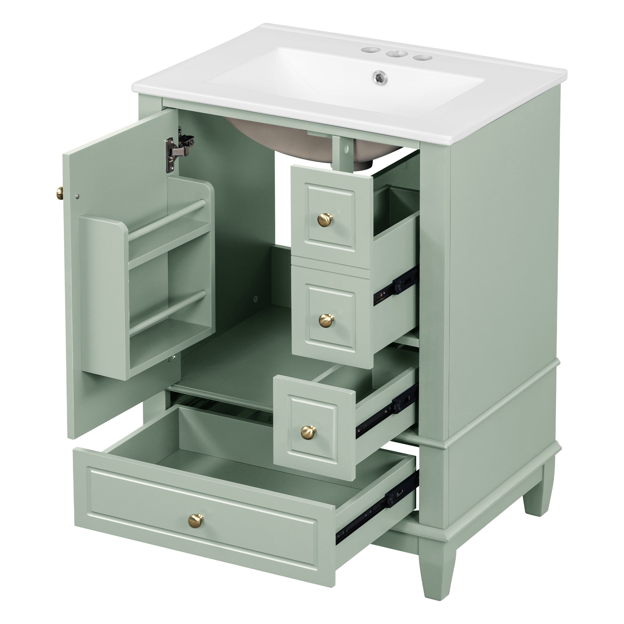 Aukfa 24" Bathroom Vanity with Ceramic Sink, Freestanding Solid Wood Base Cabinet,3 Drawers & Side StorageGreen