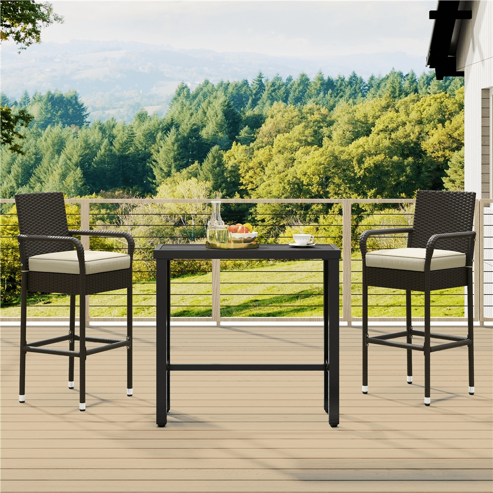 Renwick PE Rattan Patio Bar Stools with Cushions, Set of 2, Brown/Beige