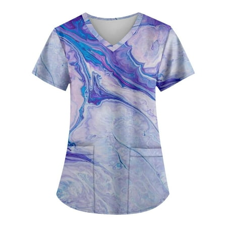 

EHTMSAK Scrubs Tops for Women Floral with Pocket Short Sleeve V-Neck Tops Working Uniform Cartoon Print Blouse Light Purple M