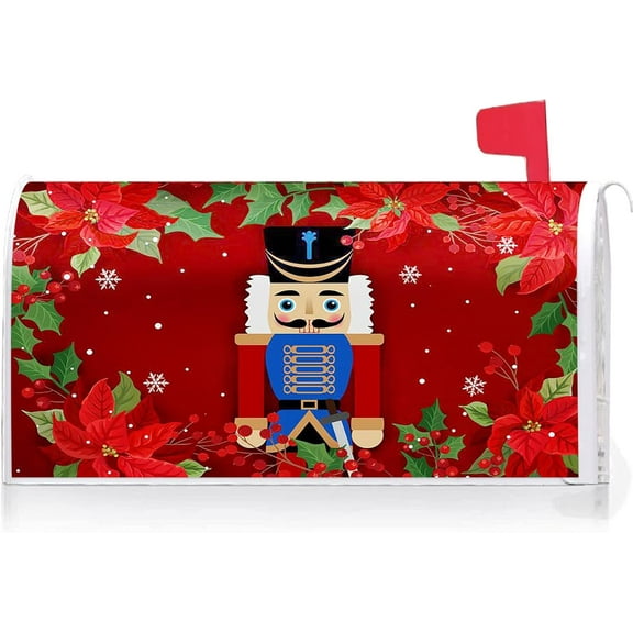 Merry Christmas Nutcracker Poinsettia Decoration Mailbox Cover with Magnetic Strip Winter Mailbox Wraps Post Letter Box Cover Standard Size 21" X 18" for Garden Outdoor Yard Decor