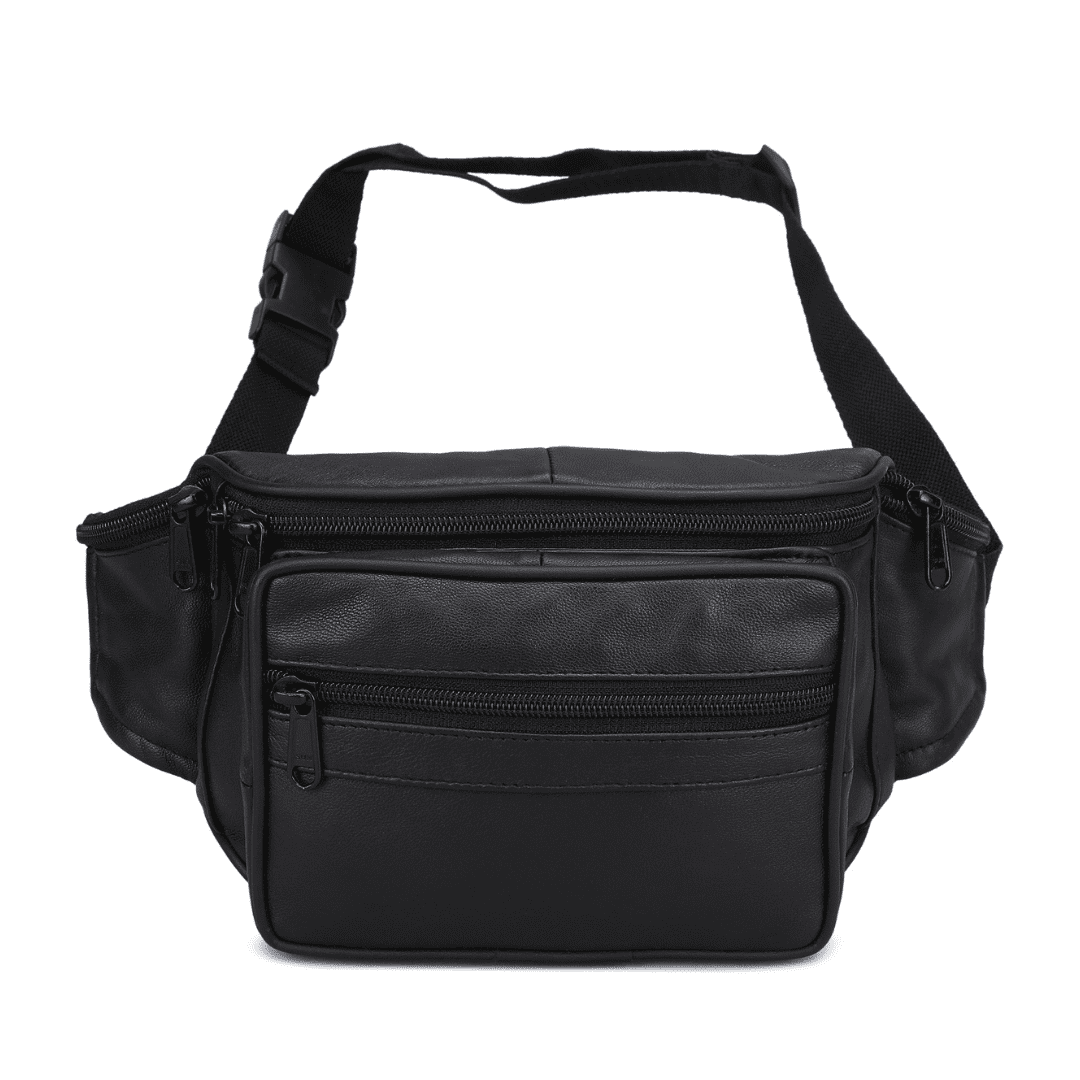 Leather Black Unisex Jumbo Fanny Pack with Side Zipper Pockets by Leatherboss