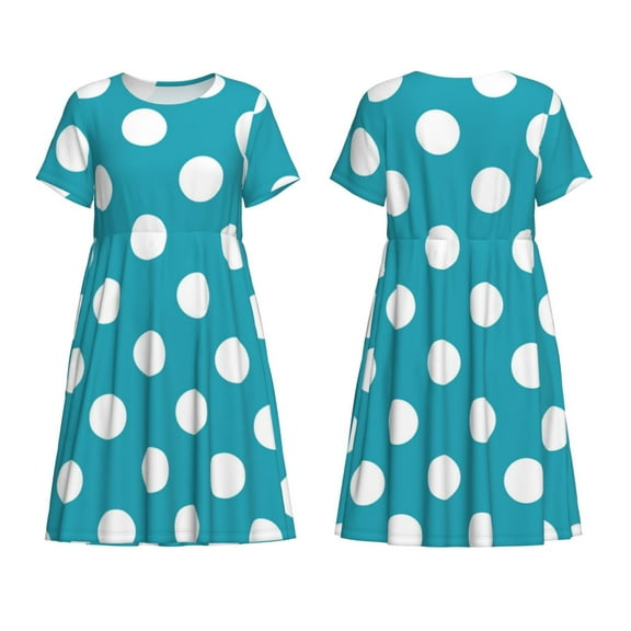 Horeoi Sky Blue And White Polka Dot Print Women's Short Sleeve Dress Breathable Polyester-Spandex All-Over Print A-Line Side Pockets Elastic Waist