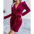 thumbnail image 4 of Womens Wrap V Neck Long Sleeve Velvet Bodycon Ruched Cocktail Party Dress Tie Waist Solid Color Short Mini Dress, 4 of 6