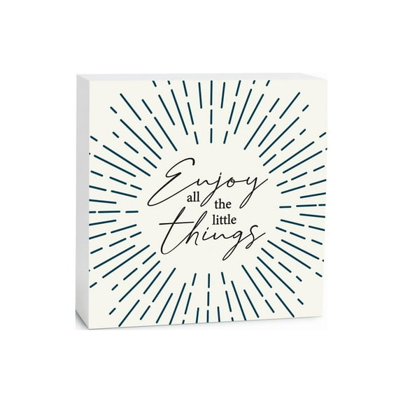 Enjoy Little Things Blue Sunburst 5 x 5 Wood Tabletop Sign Plaque