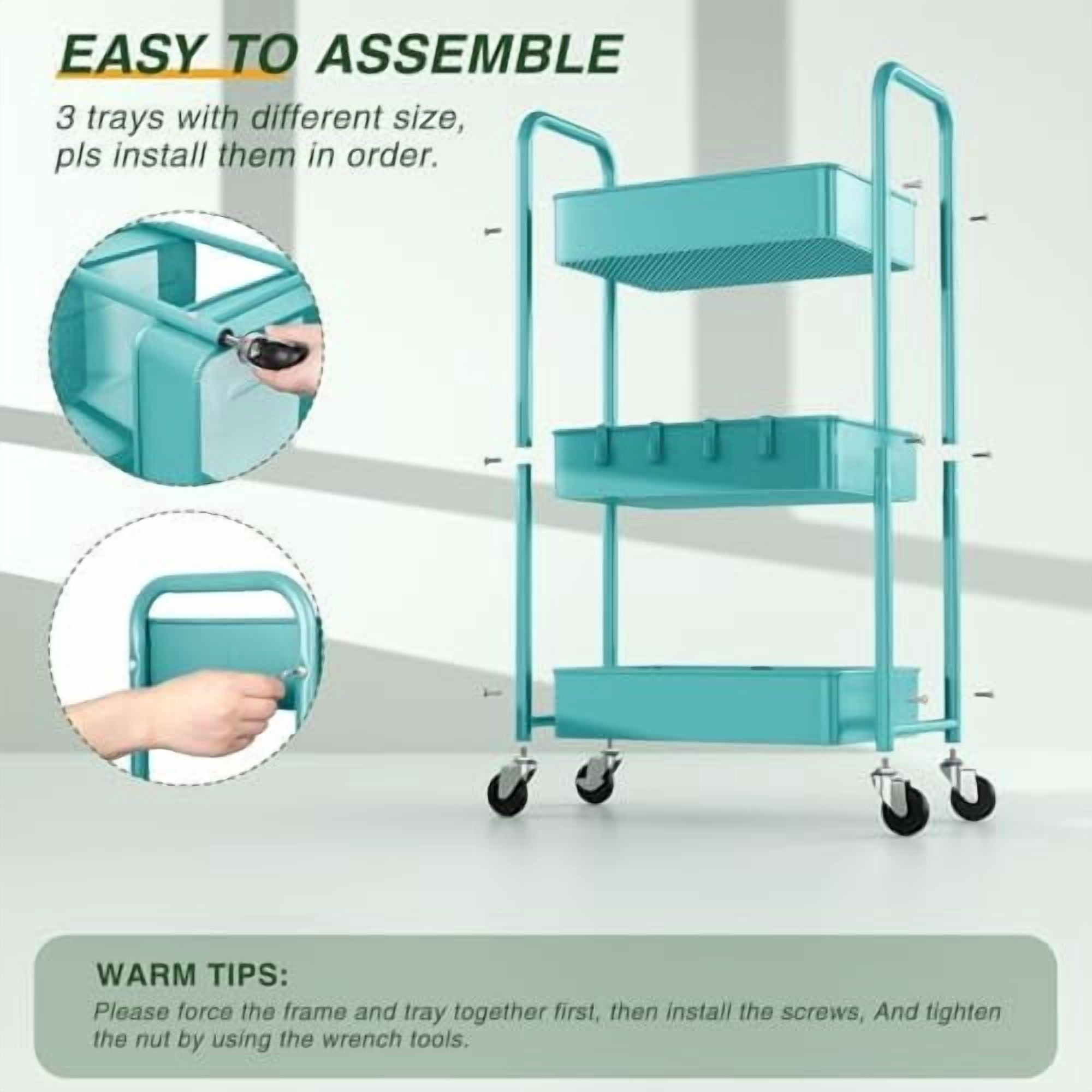 3 Tier Rolling Storage Cart, Metal Trolley Utility Cart with Wheels & Hooks, Easy Assembly Organizer Storage Cart for Bathroom Kitchen Office Bedroom Blue