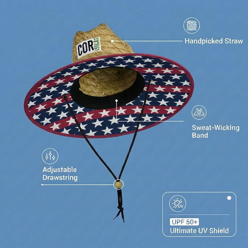 Straw Beach Hat - UPF 50+ Cotton Patriotic Under Brim Lifeguard with Drawstring- Large