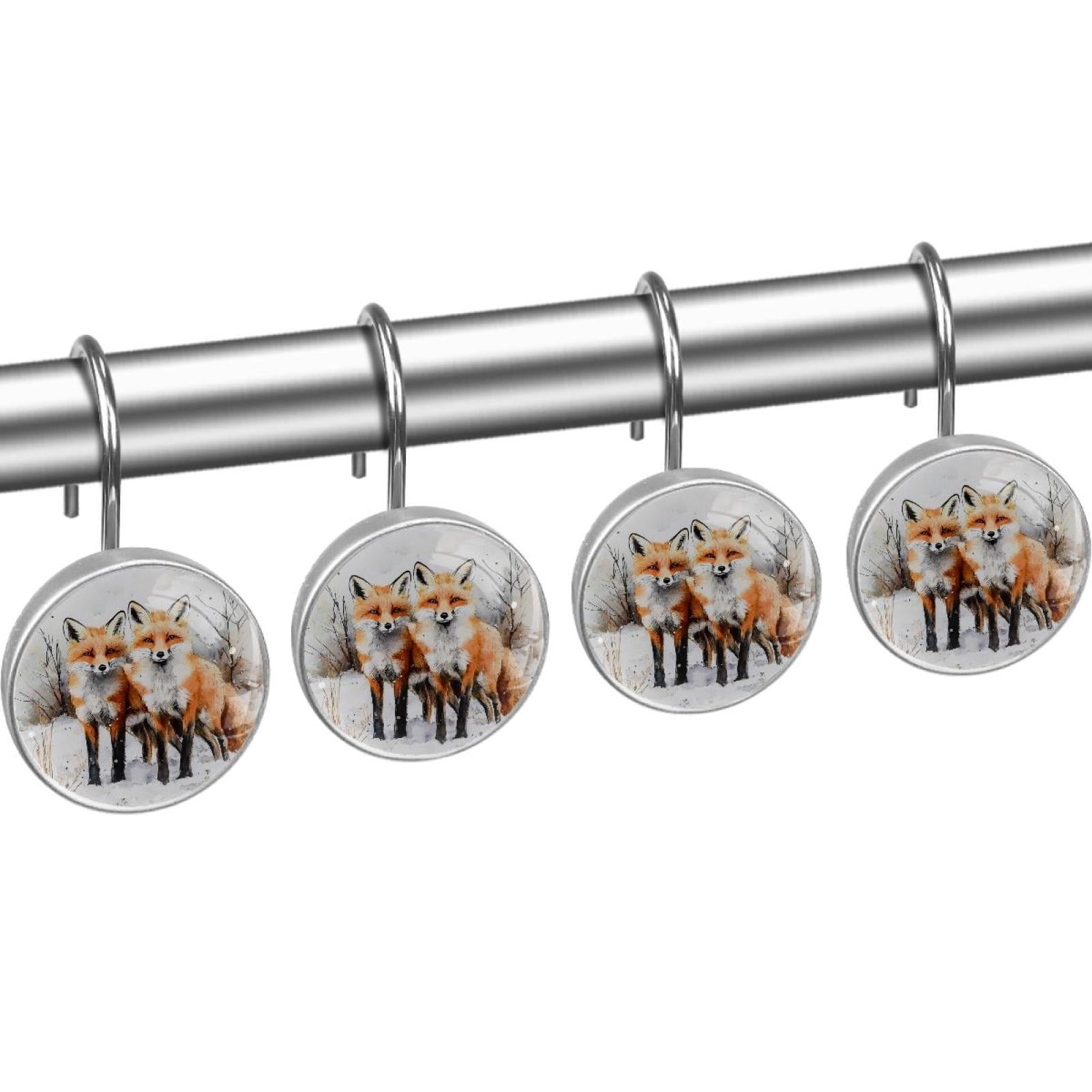 Two Fox Standing on Snow Shower Curtain Hooks Round Crystal Glass, Set of 12 Shower Curtain Rings - Shower Hooks for Curtain Shower Rings