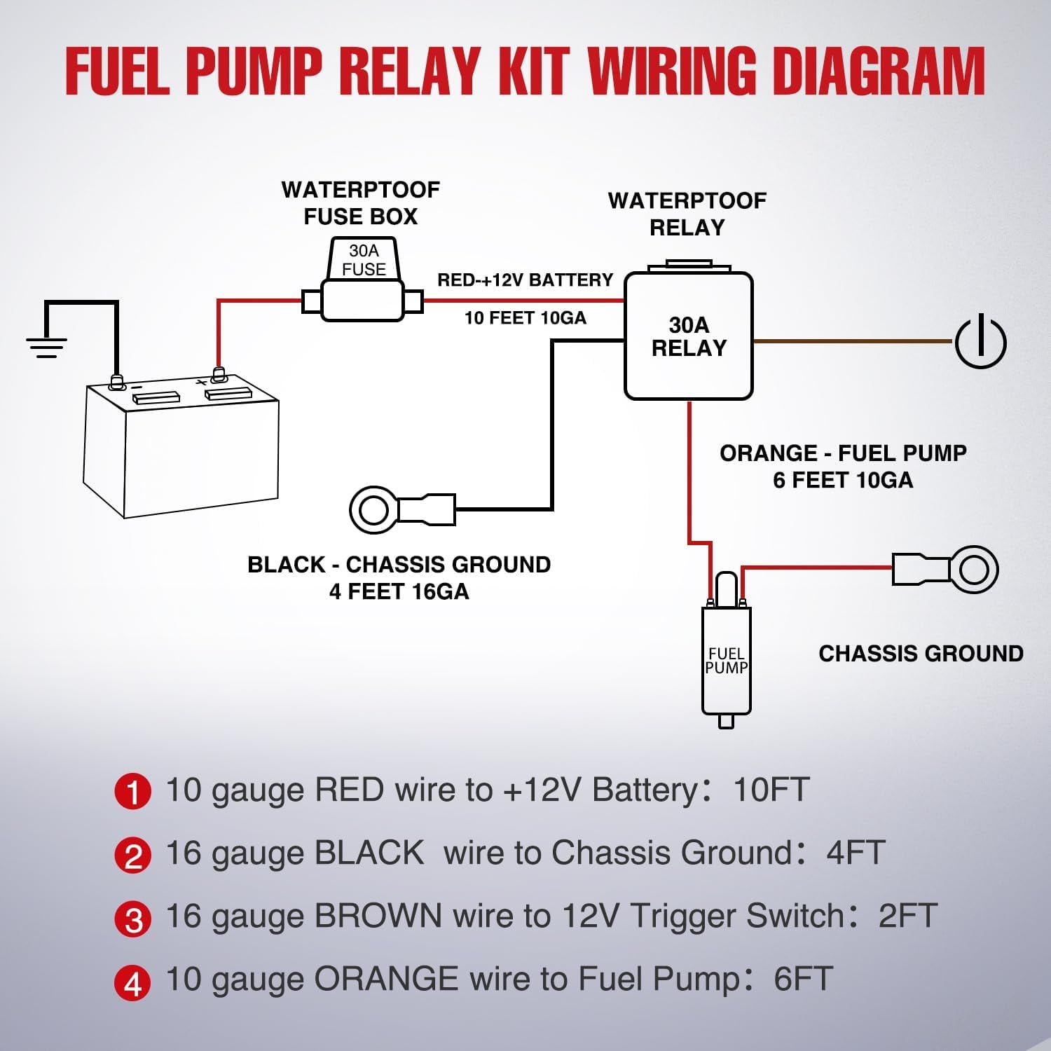 Nilight Waterproof 12V Electric Fuel Pump Relay Kit with Heavy Duty Wiring, 40A Cables, 30A Blade Fuse for Trucks, Cars, RVs, Marine, Trailers