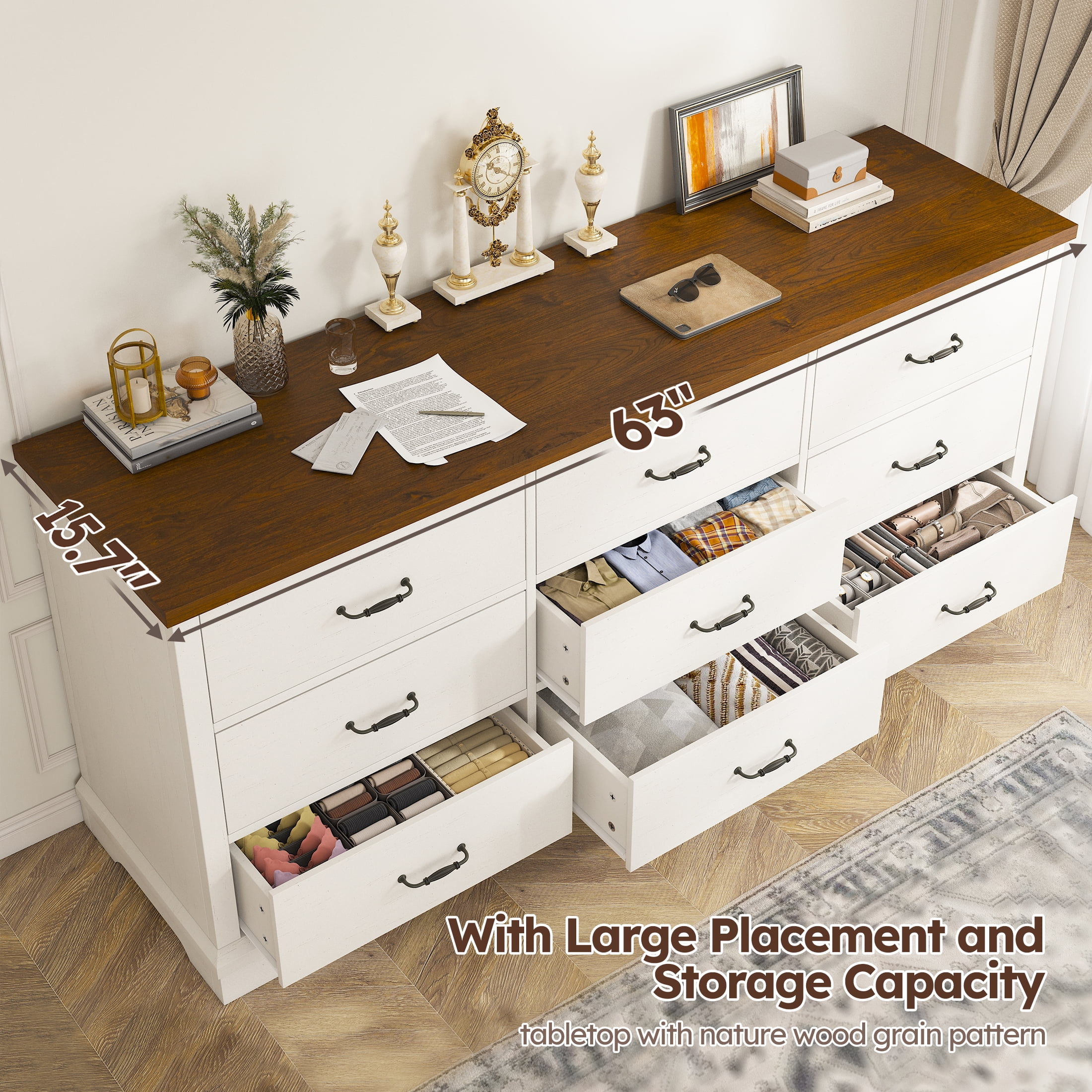 EnHomee 9 Drawer White Dresser for Bedroom Wood Dressers&Chest of Drawers 63" Long Dresser