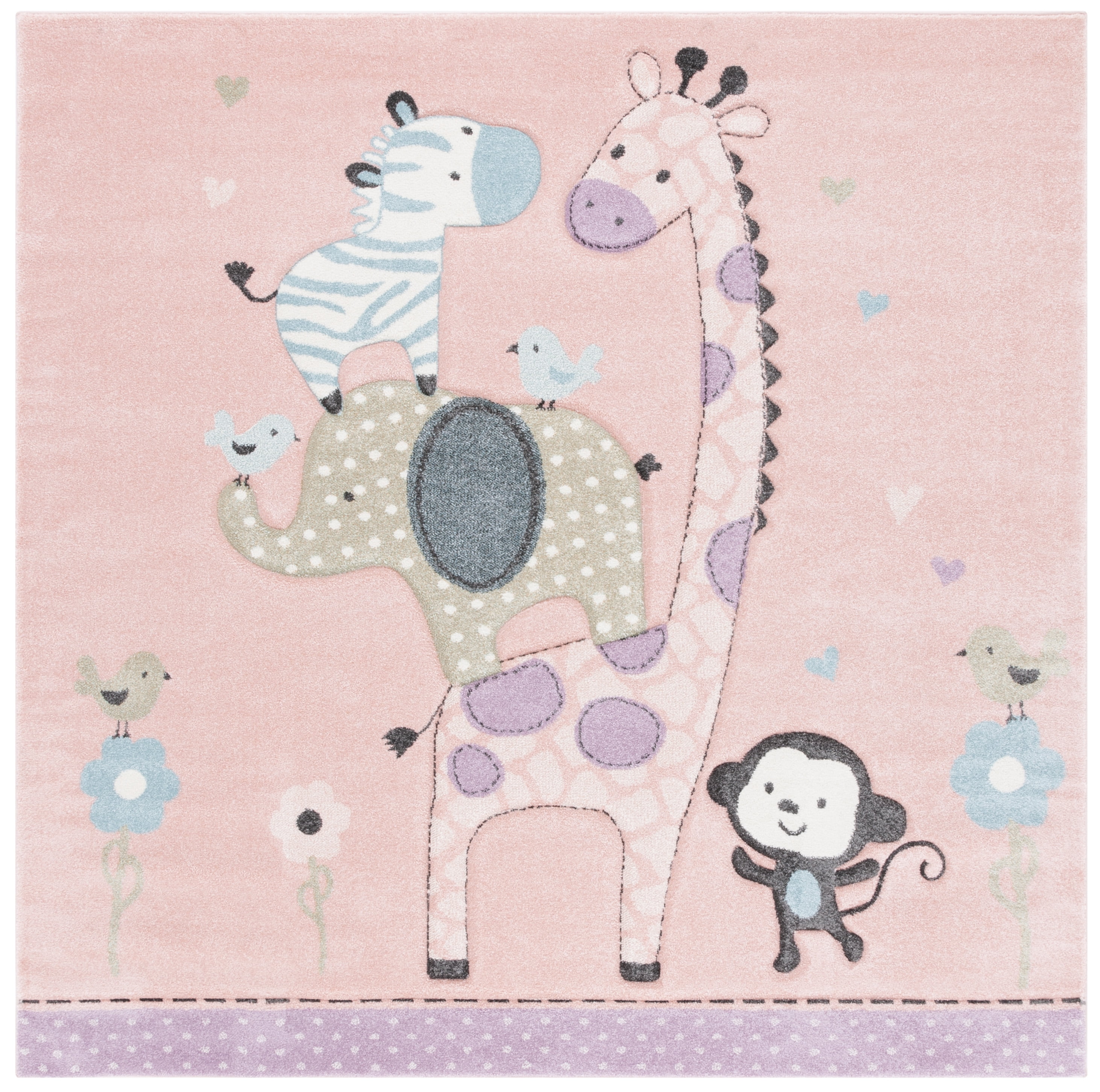 SAFAVIEH Carousel Kids Taneka Animals at Play Area Rug, Blush Pink, 6'7" x 6'7" Square