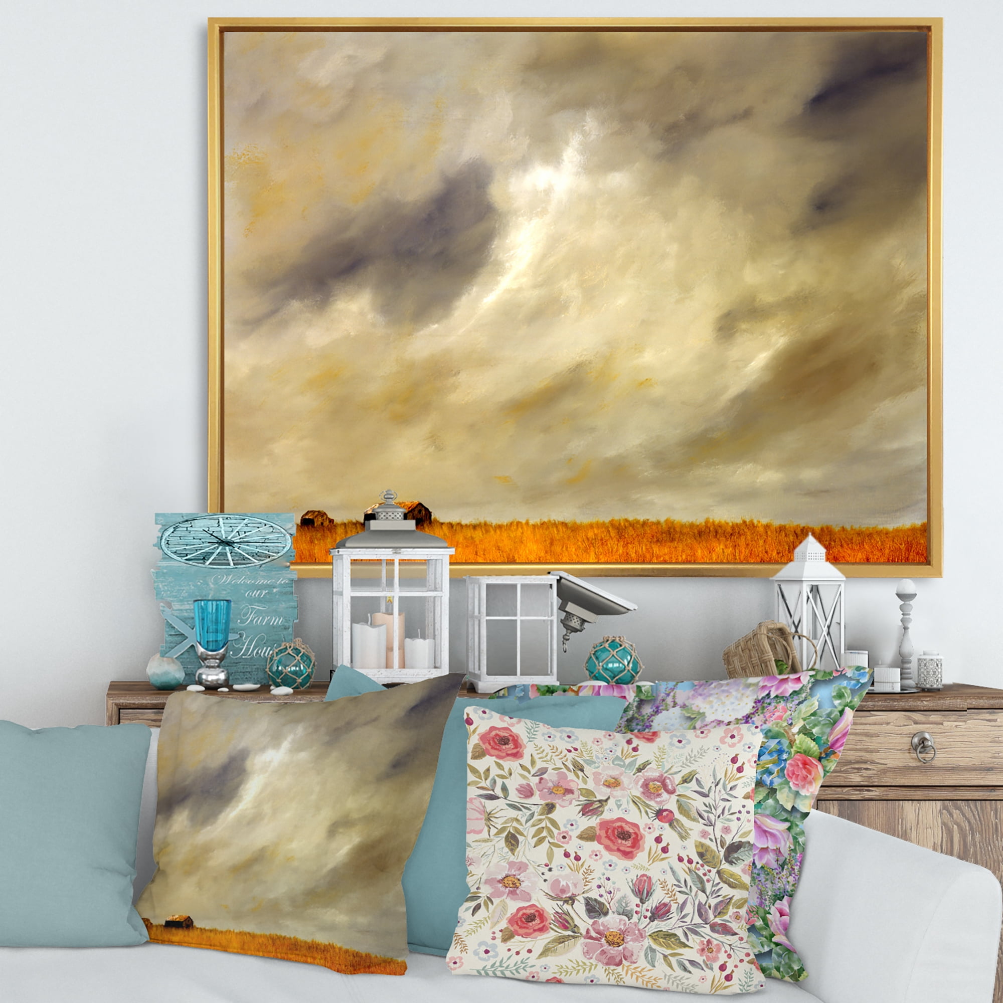 Designart 'Desert Farmhouse Under Cloudy Sky I' Farmhouse Framed Canvas Wall Art Print
