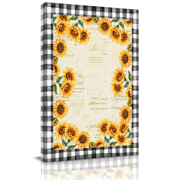 Summer Sunflowers Canvas Wall Art for Living Room, Farmhouses Retro Black Plaid Poster Print Painting for Bedroom Office Home Decoration Wall Pictures Prepare To Hang 24"x32"