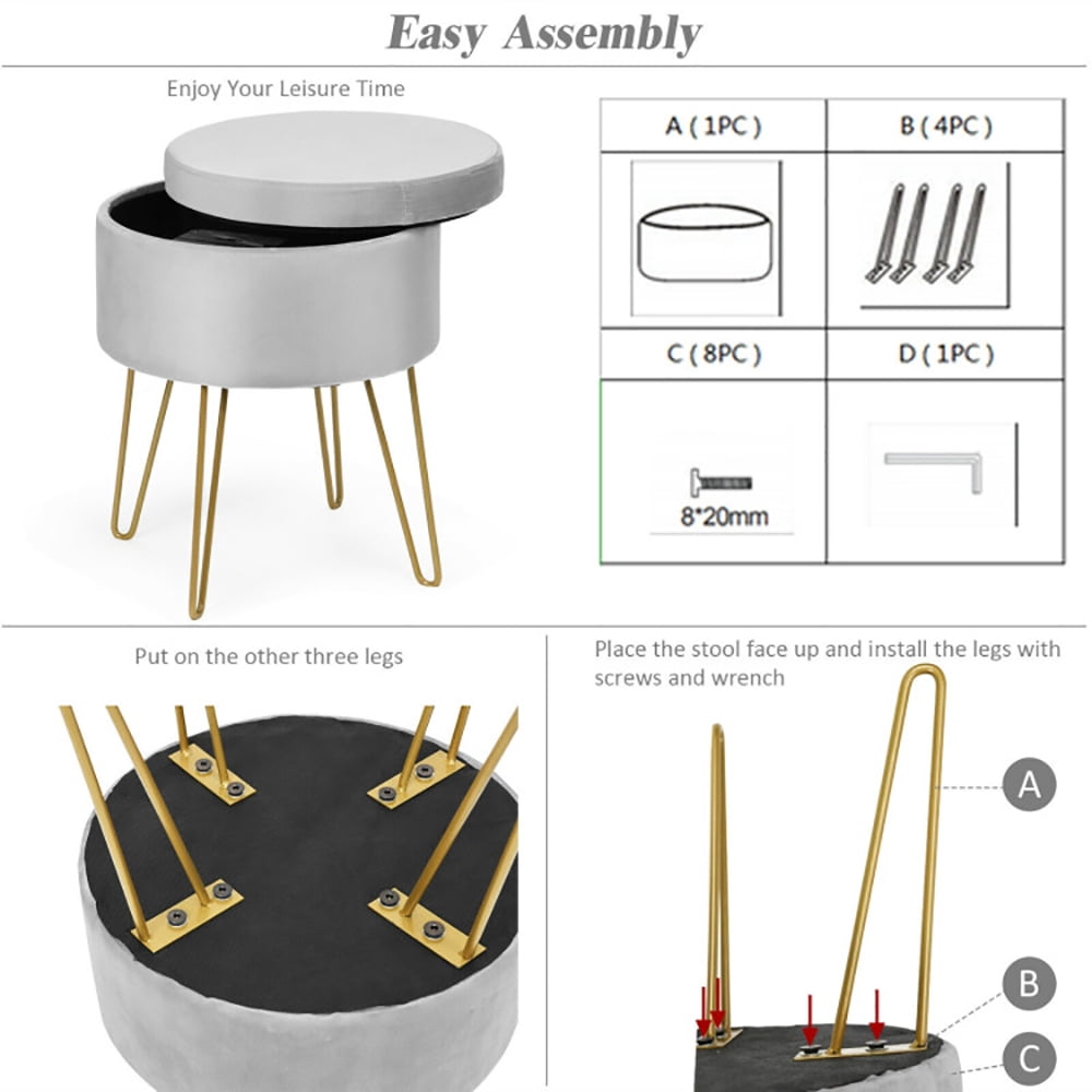 Finihen Round Velvet Storage Ottoman, Footrest Stool, Vanity Chair with Metal Legs, for Living Room, Bedroom, Gray Finihen Round Velvet Storage Ottoman, Footrest Stool, Vanity Chair with Metal Legs, for Living Room, Bedroom, Gray