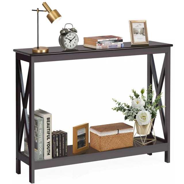 Giantex Console Table, Sofa Side Table w/Heavy-Duty Support & X-Shaped, Narrow Accent Entryway Table, Espresso