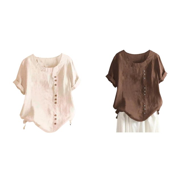 (2-Pack) Rinsvye Women's Solid Color Round Long Sleeve Layering Tops for Women Neck Raglan Sleeve Hem Long Sleeve T Shirt Women Set Slit Loose Short Sleeve Button Decoration Casual Tops T Shirt