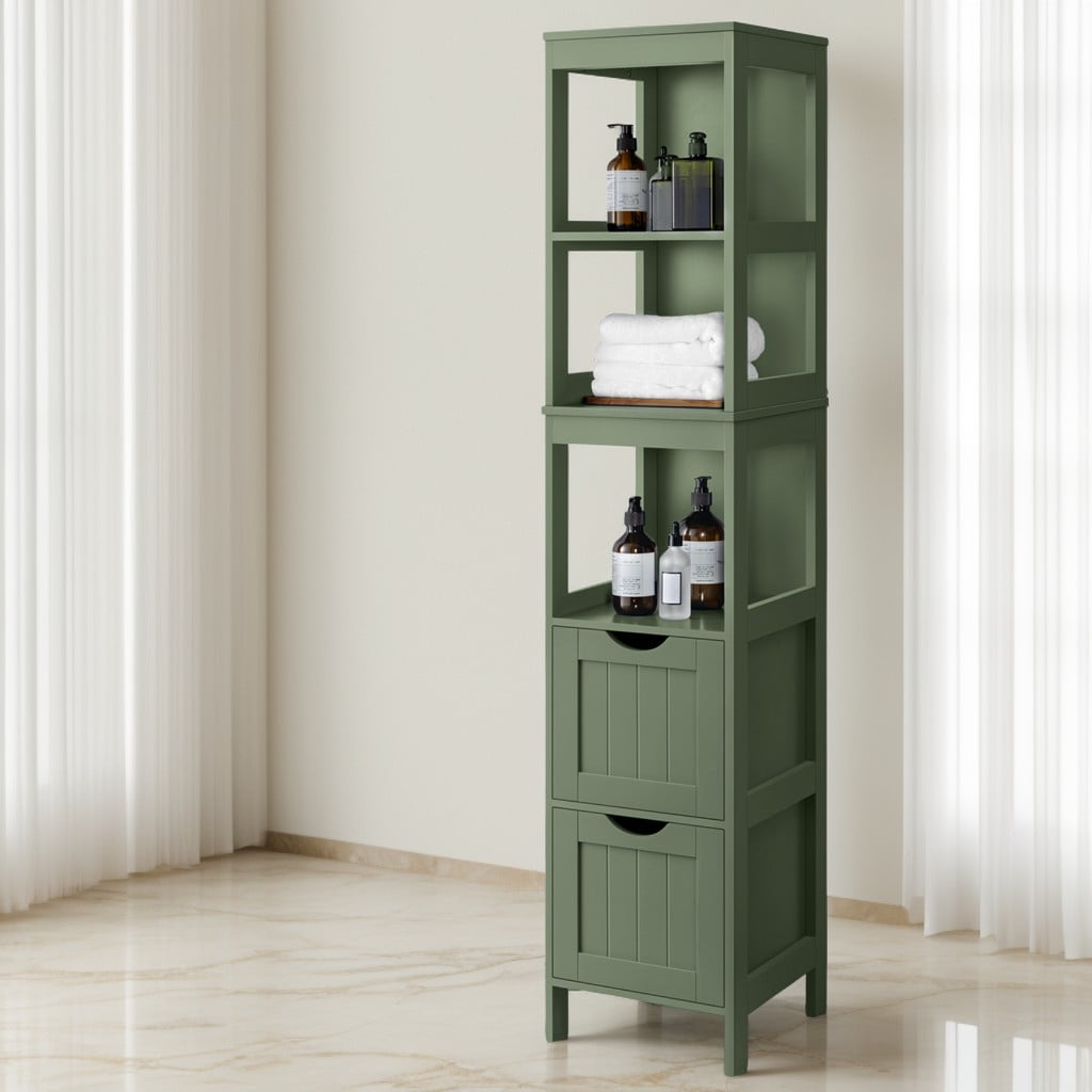 LEDREM Storage Cabinet with 2 Drawers and Open Shelf, Multifunctional Freestanding Corner Storage Rack for Bathroom, Living Room, Bedroom, Forest Green